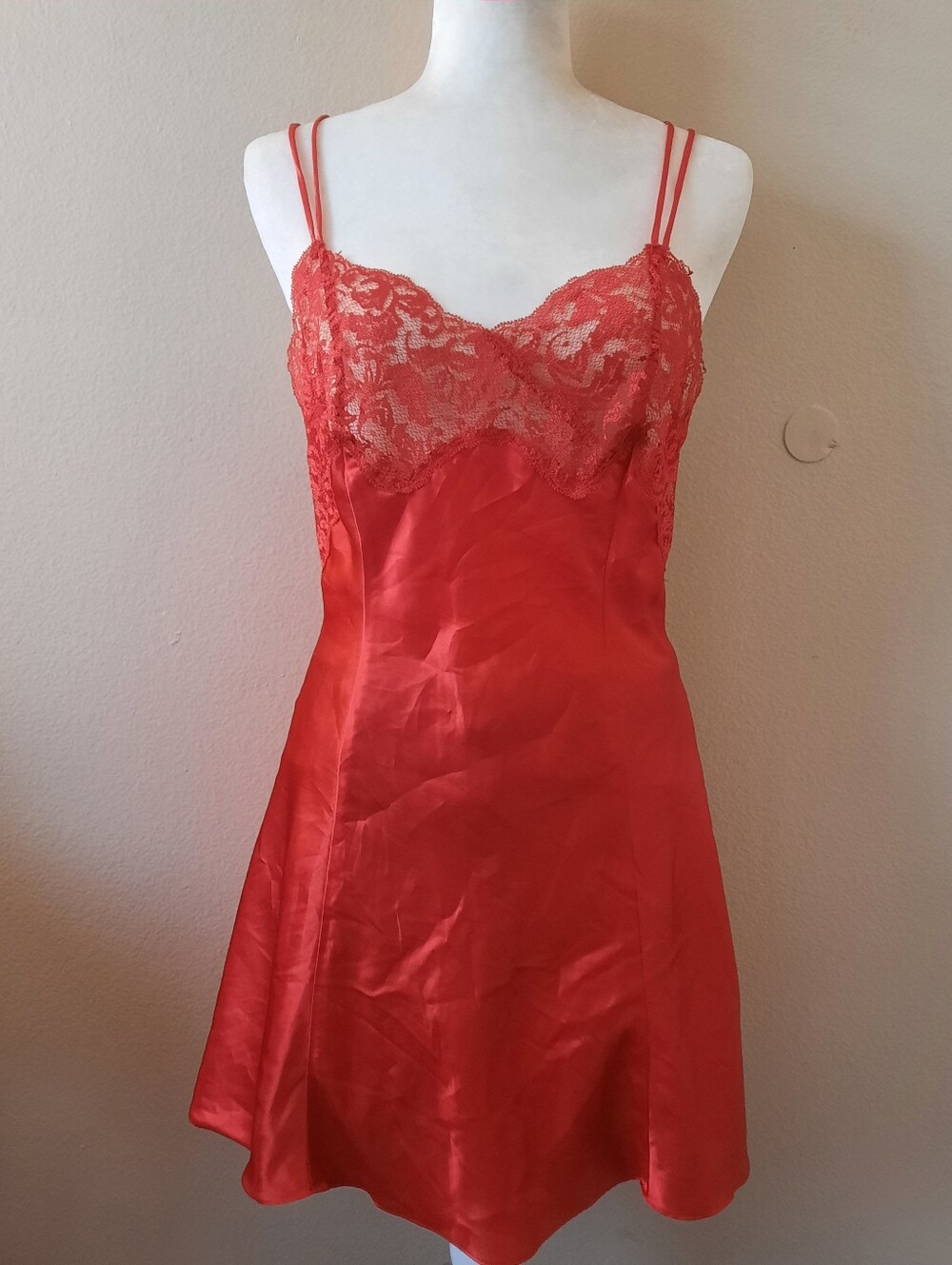 VTG 90s Victoria's Secret Gold Label Scarlet Red Satin Lace-Trim Slip Dress Sz M